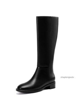 Wide Calf Knee High Boots Faux Leather Round Toe Low Block Heel Side Zip